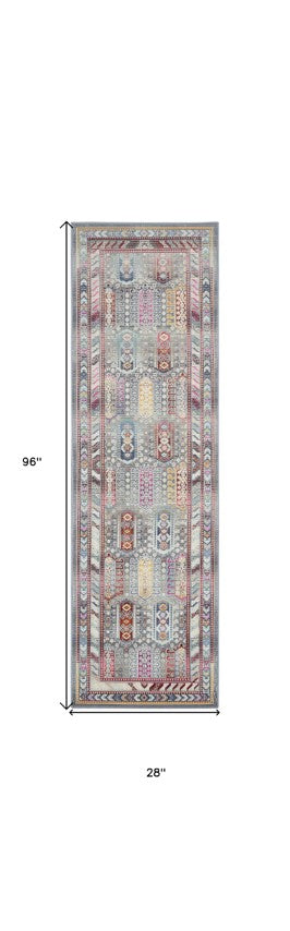 Homeroots 8' Elegant Ivory Gray And Red Floral Distressed Runner Rug – Durable, Stain-resistant, Bohemian Charm  Polypropylene 552695