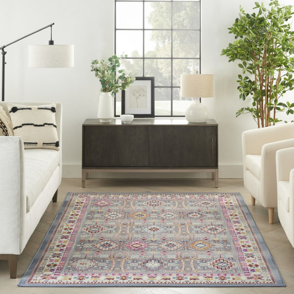 HomeRoots 8' Floral Distressed Area Rug in Ivory, Pink & Gray – Durable, Stain-Resistant & Non-Skid Design 5' X 8' 552696