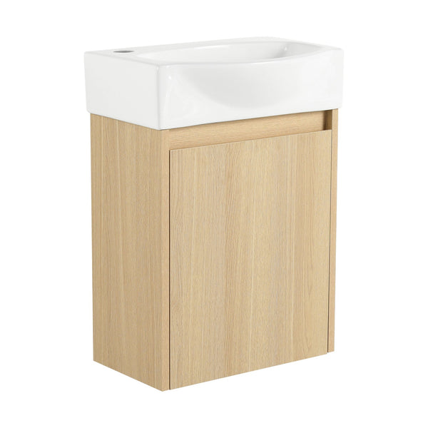 English Elm 16" Bathroom Vanity Sink Combo for Small Spaces — Compact Engineered Wood Cabinet with Ceramic Basin, Moisture-Resistant Finish and Hidden Handle, Easy Assembly Oak W1972P190339