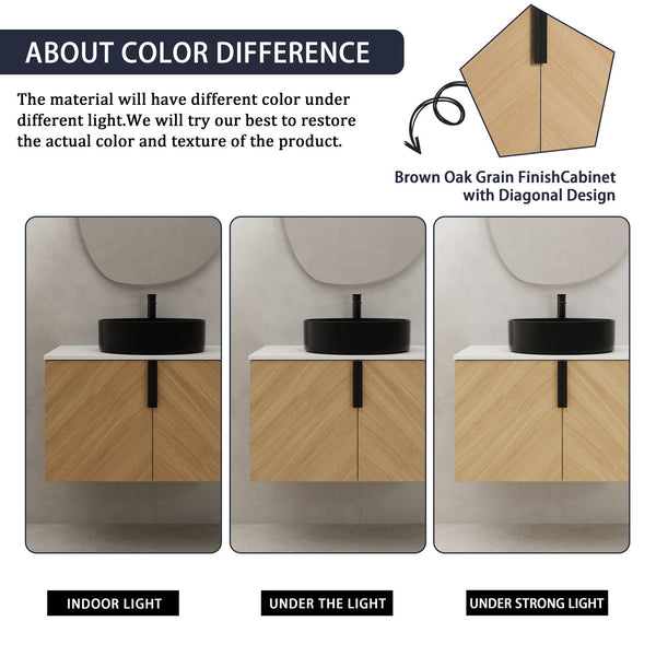 English Elm 30" Bathroom Vanity - Sleek Wall-Mounted Design With Ceramic Sink, Soft-Close Doors, Light Oak Finish W999S00444