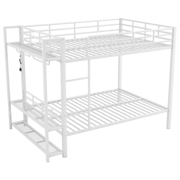 English Elm Full Size Metal Bunk Bed With Led Lights, Storage Shelves & Hooks - Stylish Space-Saver In White N7090000667K