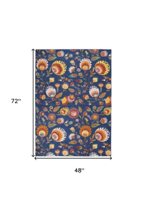Homeroots 4' X 6' Floral Power Loom Area Rug In Blue And Orange - Stylish, Soft, And Perfect For Any Space! 4' X 6' Polypropylene 552745