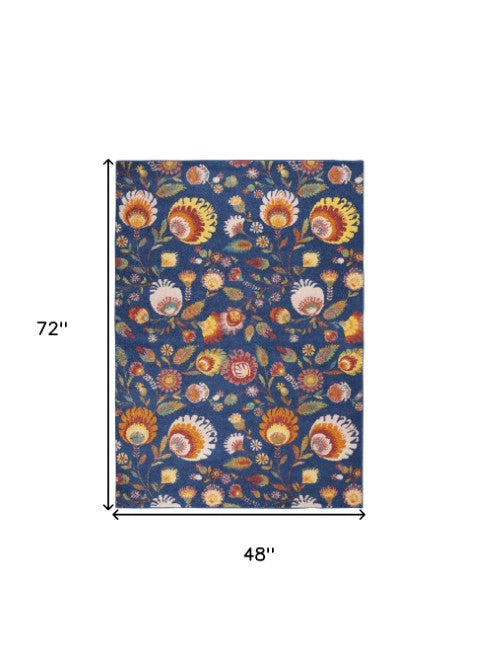 Homeroots 4' X 6' Floral Power Loom Area Rug In Blue And Orange - Stylish, Soft, And Perfect For Any Space! 4' X 6' Polypropylene 552745