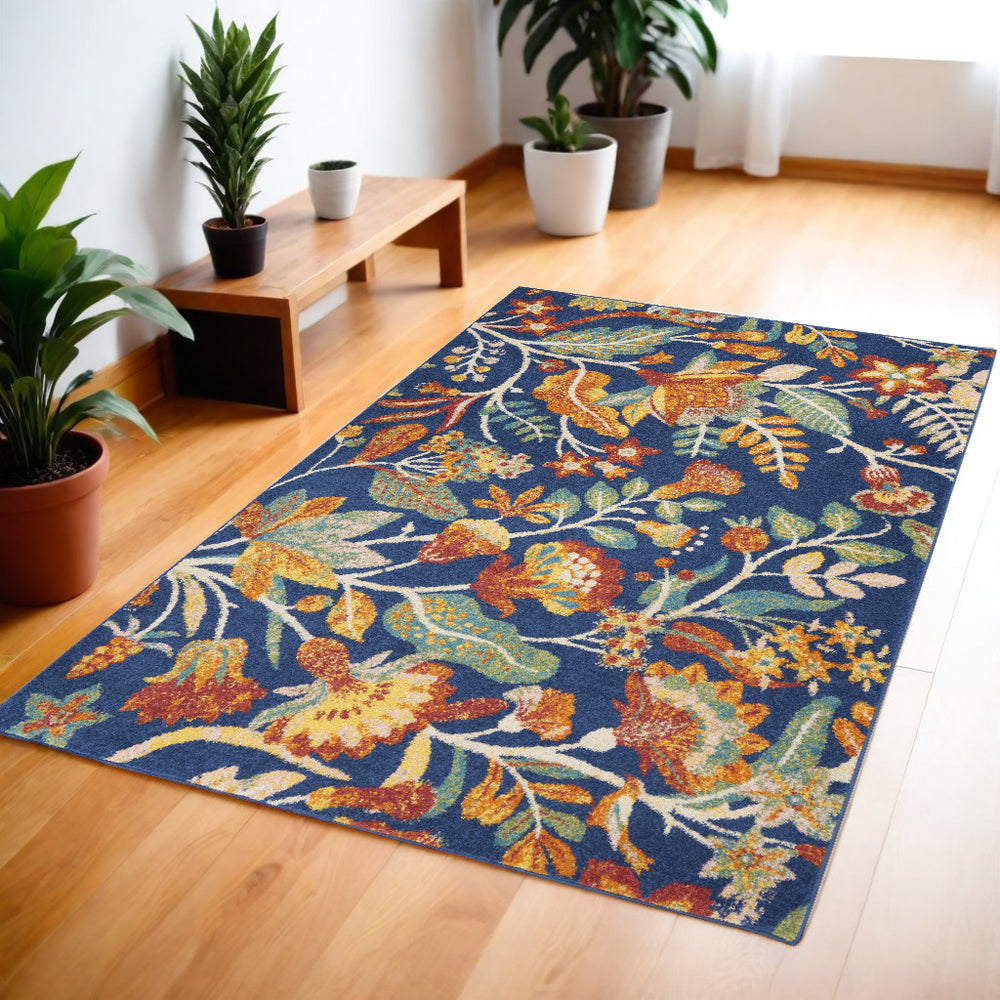 Homeroots 4' X 6' Blue And Orange Floral Power Loom Area Rug - Vibrant Design For Stylish Home Decor Enhancement 4' X 6' Polypropylene 552751