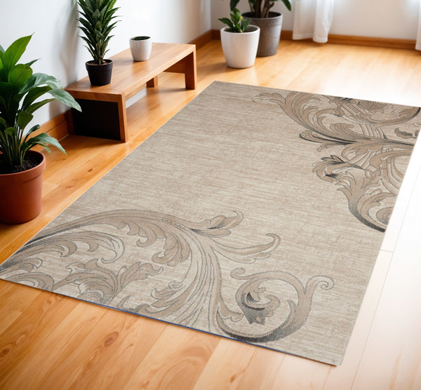 Homeroots 4' X 6' Tan Black And Ivory Damask Area Rug  Polyester 552780