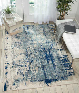 HomeRoots 5' Abstract Area Rug in Ivory, Blue & Slate Gray – Modern, Non-Skid, Stain-Resistant Design for Home 4' X 6' 552782