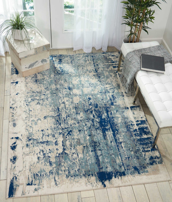 HomeRoots 5' Abstract Area Rug in Ivory, Blue & Slate Gray – Modern, Non-Skid, Stain-Resistant Design for Home 4' X 6' 552782