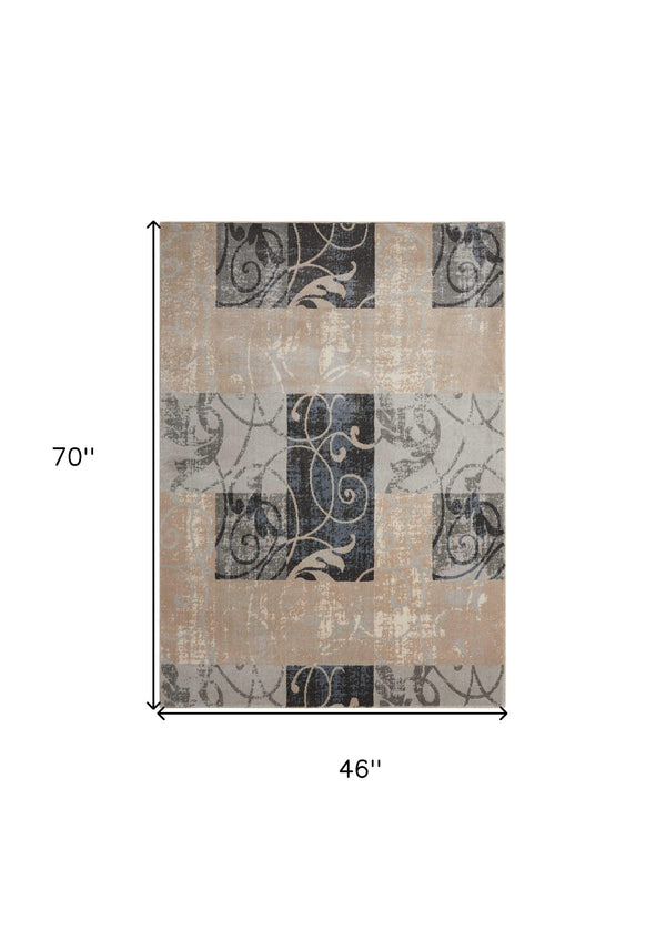 Homeroots 4' X 6' Tan Black And Ivory Floral Vines Area Rug  Polyester 552786