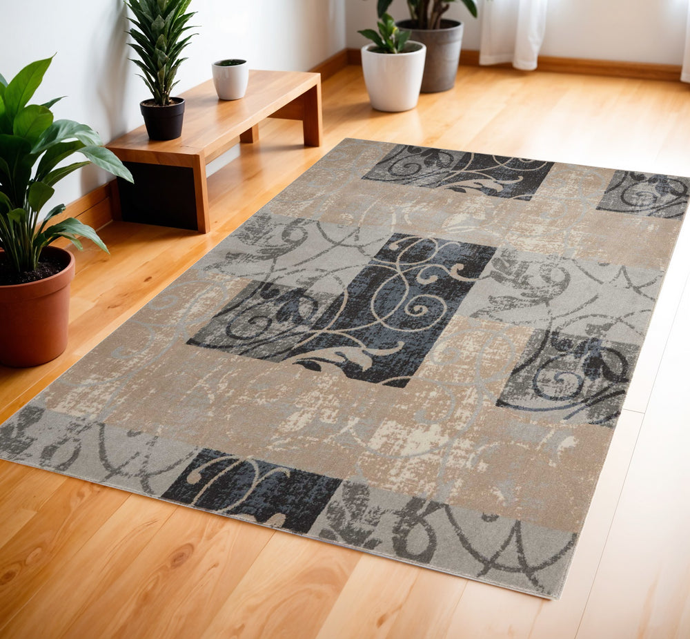 Homeroots 4' X 6' Tan Black And Ivory Floral Vines Area Rug  Polyester 552786