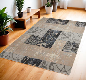 Homeroots 4' X 6' Tan Black And Ivory Floral Vines Area Rug  Polyester 552786