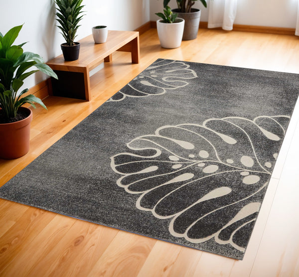 Homeroots 4' X 6' Ivory Black And Gray Botanical Leaves Area Rug  Polyester 552787