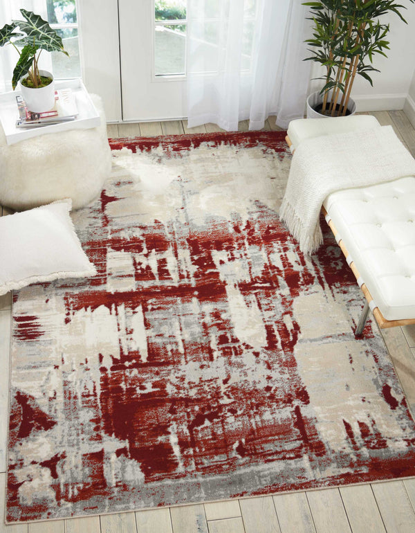 Homeroots 4' X 6' Ivory Red And Gray Abstract Area Rug  Polyester 552798