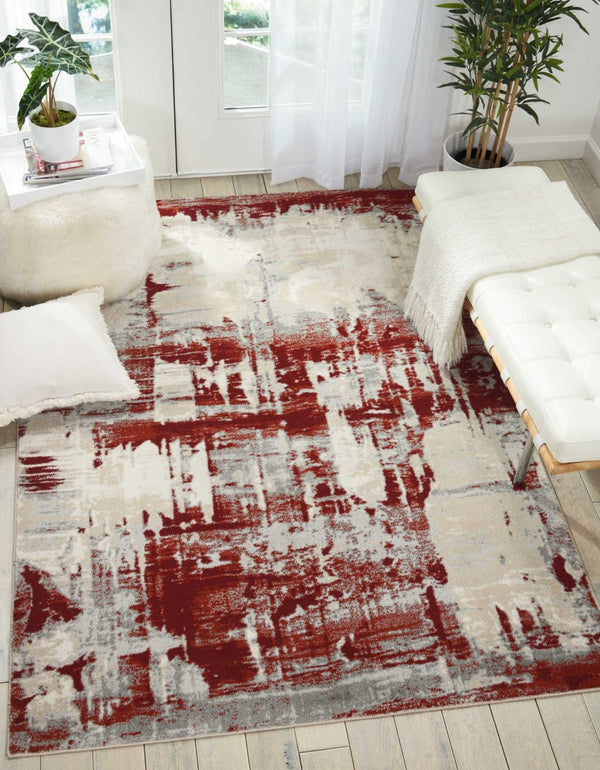HomeRoots 5' Modern Abstract Ivory Red and Gray Area Rug with Non-Skid Backing for High-Traffic Spaces 4' X 6' 552798