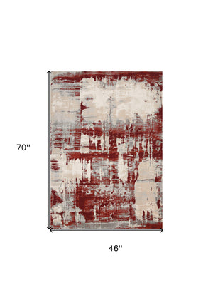 Homeroots 4' X 6' Ivory Red And Gray Abstract Area Rug  Polyester 552798