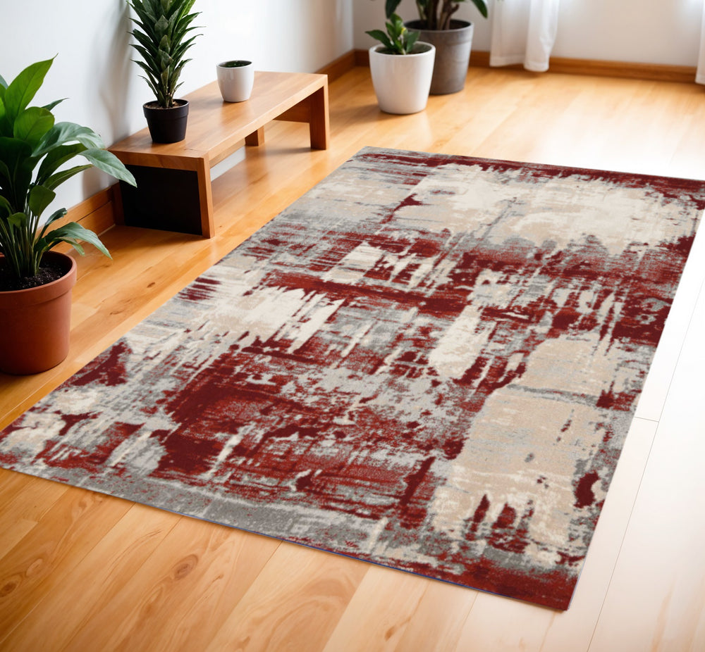 Homeroots 4' X 6' Ivory Red And Gray Abstract Area Rug  Polyester 552798