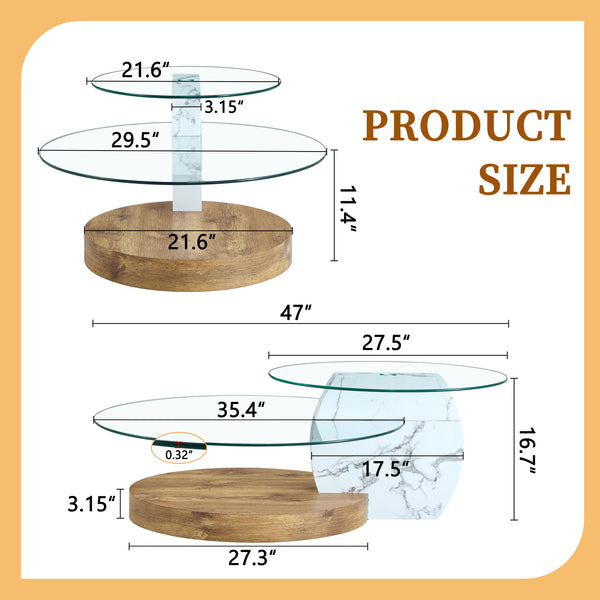 English Elm Contemporary White Marble & Wood Grain Double-Layer Coffee Table with Tempered Glass Top, Stylish Centerpiece W1512P386948