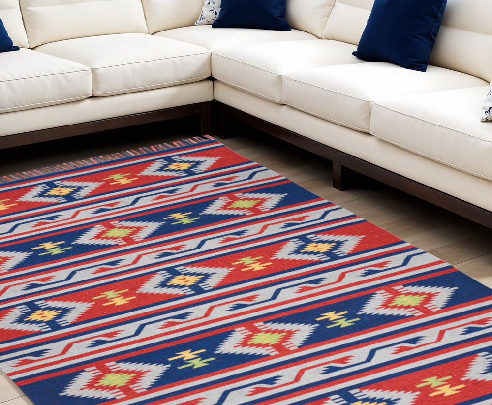 Homeroots 8' X 10' Blue Southwestern Handmade Area Rug With Fringe  Cotton Blend 552819