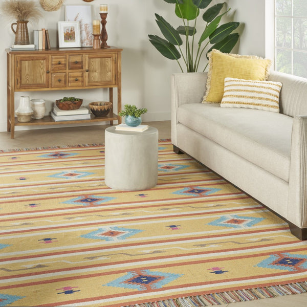 HomeRoots 8' X 10' Handmade Yellow & Orange Southwestern Area Rug with Fringe - Perfect for Cozy Living Spaces! 552821