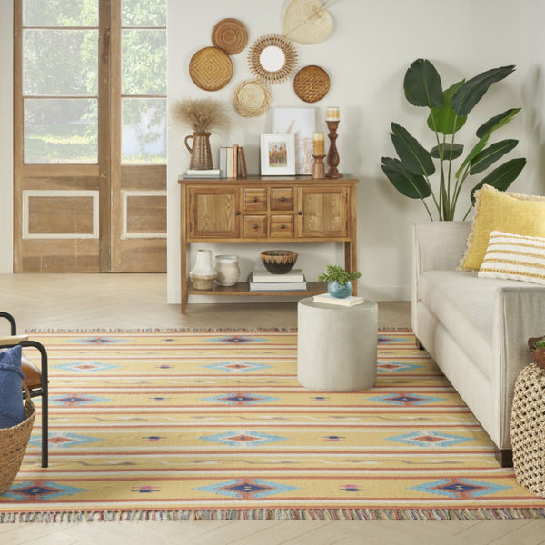 HomeRoots 8' X 10' Handmade Yellow & Orange Southwestern Area Rug with Fringe - Perfect for Cozy Living Spaces! 552821