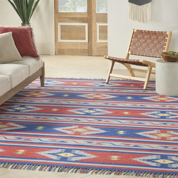 HomeRoots 7' Handmade Blue Southwestern Area Rug with Fringe - Cozy Geometric Design for Any Room Decor 7' X 10' 552822