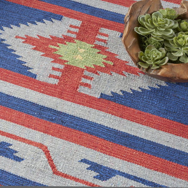 HomeRoots 7' Handmade Blue Southwestern Area Rug with Fringe - Cozy Geometric Design for Any Room Decor 7' X 10' 552822