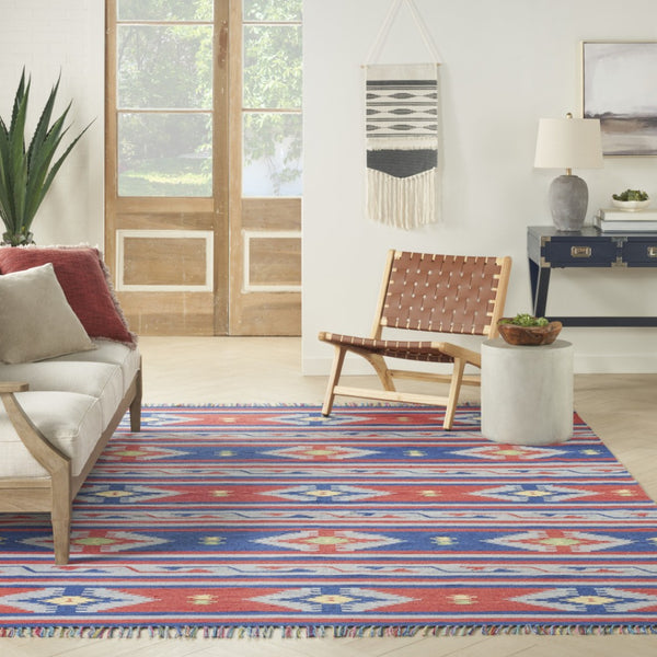 HomeRoots 7' Handmade Blue Southwestern Area Rug with Fringe - Cozy Geometric Design for Any Room Decor 7' X 10' 552822