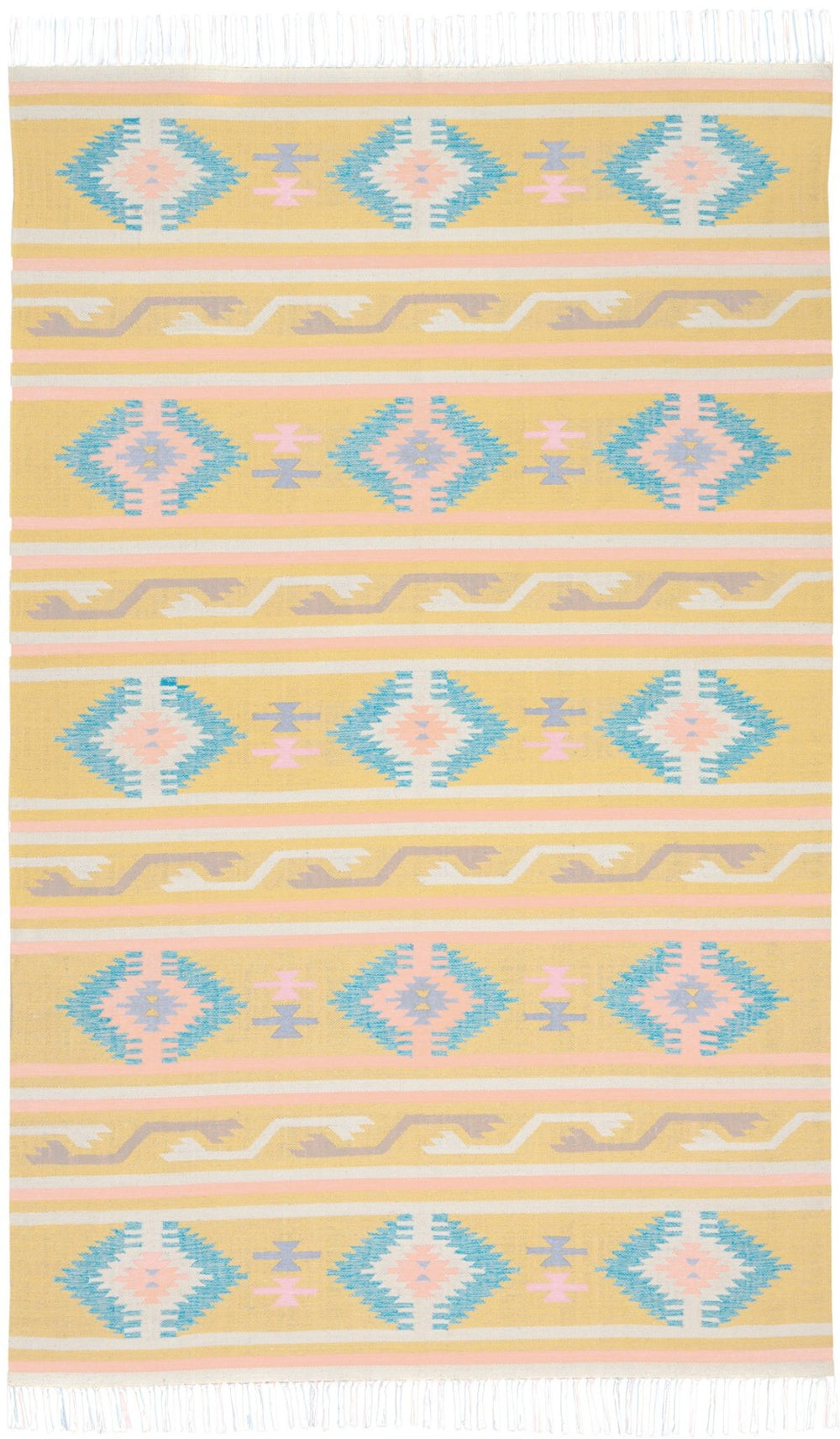 HomeRoots 7' Handmade Blue and Yellow Southwestern Area Rug with Geometric Motifs and Fringed Edges 7' X 10' 552823