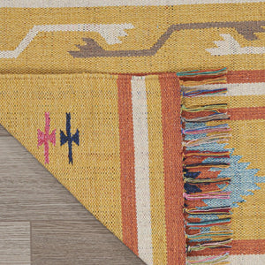 HomeRoots 7' Handmade Blue and Yellow Southwestern Area Rug with Geometric Motifs and Fringed Edges 7' X 10' 552823