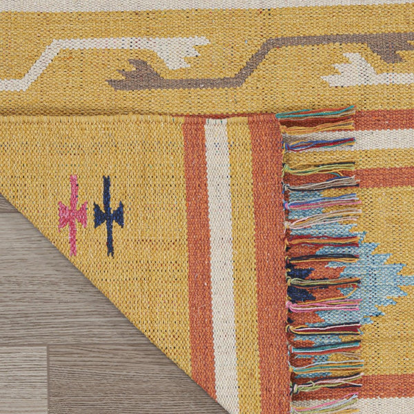 HomeRoots 7' Handmade Blue and Yellow Southwestern Area Rug with Geometric Motifs and Fringed Edges 7' X 10' 552823
