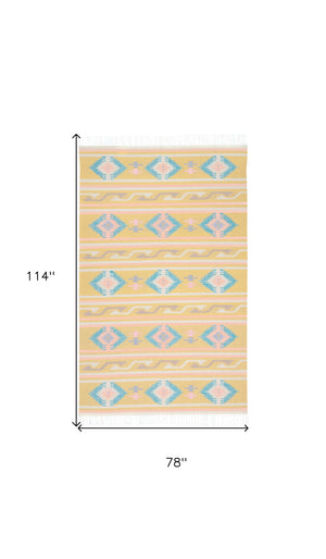 Homeroots 7' X 10' Blue And Yellow Southwestern Handmade Area Rug With Fringe  Cotton Blend 552823