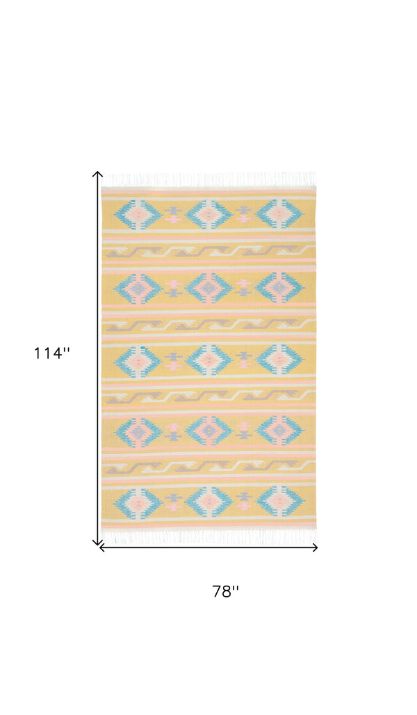 Homeroots 7' X 10' Blue And Yellow Southwestern Handmade Area Rug With Fringe  Cotton Blend 552823
