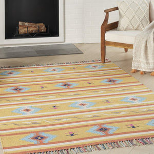 HomeRoots 7' Handmade Blue and Yellow Southwestern Area Rug with Geometric Motifs and Fringed Edges 7' X 10' 552823