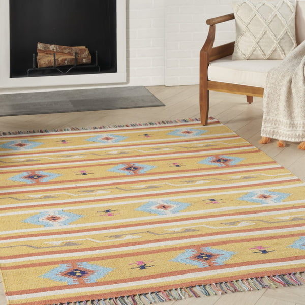 HomeRoots 7' Handmade Blue and Yellow Southwestern Area Rug with Geometric Motifs and Fringed Edges 7' X 10' 552823