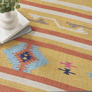 HomeRoots 7' Handmade Blue and Yellow Southwestern Area Rug with Geometric Motifs and Fringed Edges 7' X 10' 552823