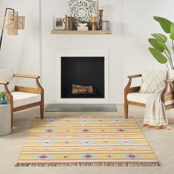 HomeRoots 7' Handmade Blue and Yellow Southwestern Area Rug with Geometric Motifs and Fringed Edges 7' X 10' 552823