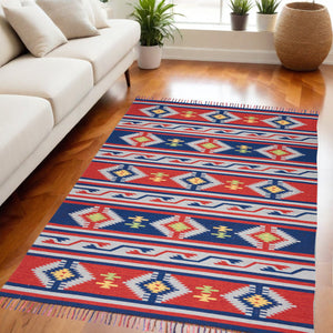 Homeroots 5' X 7' Blue And Red Southwestern Handmade Area Rug With Fringe  Cotton Blend 552827
