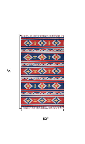 Homeroots 5' X 7' Blue And Red Southwestern Handmade Area Rug With Fringe  Cotton Blend 552827