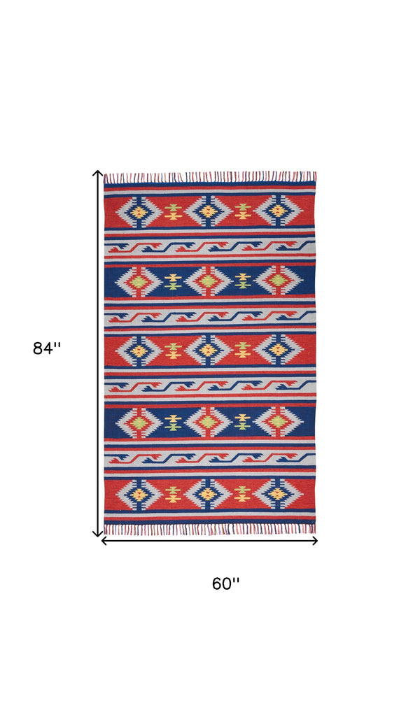 Homeroots 5' X 7' Blue And Red Southwestern Handmade Area Rug With Fringe  Cotton Blend 552827