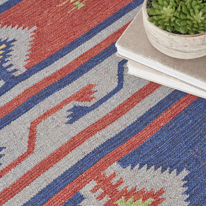 Homeroots 5' X 7' Blue And Red Southwestern Handmade Area Rug With Fringe  Cotton Blend 552827