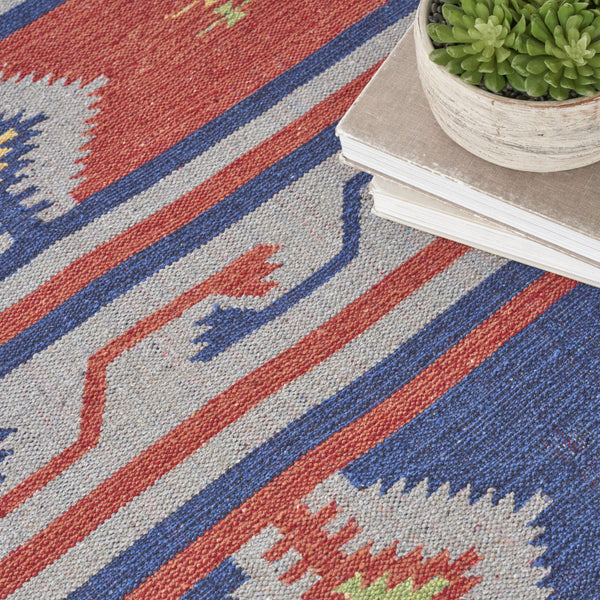 Homeroots 5' X 7' Blue And Red Southwestern Handmade Area Rug With Fringe  Cotton Blend 552827