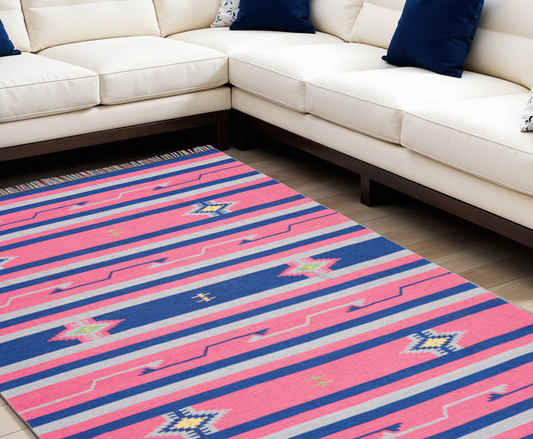 Homeroots 8' X 10' Pink And Blue Southwestern Handmade Area Rug With Fringe  Cotton Blend 552833
