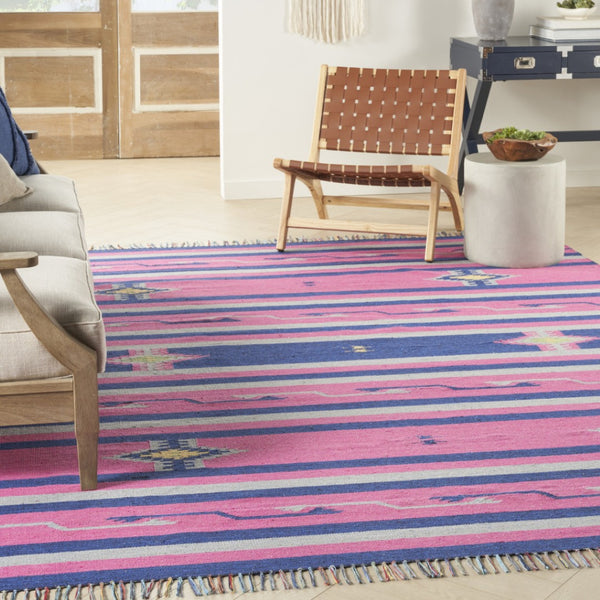 HomeRoots 8' Handmade Southwestern Area Rug in Pink and Blue with Fringed Edges for Stylish Home Decor 8' X 10' 552833