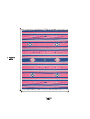 Homeroots 8' X 10' Pink And Blue Southwestern Handmade Area Rug With Fringe  Cotton Blend 552833