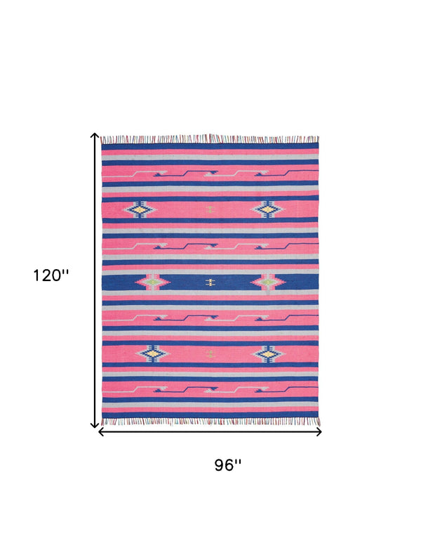 Homeroots 8' X 10' Pink And Blue Southwestern Handmade Area Rug With Fringe  Cotton Blend 552833