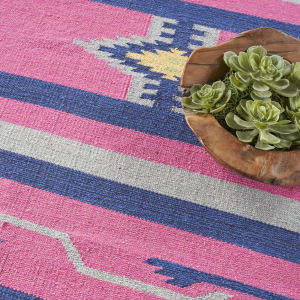 HomeRoots 8' Handmade Southwestern Area Rug in Pink and Blue with Fringed Edges for Stylish Home Decor 8' X 10' 552833