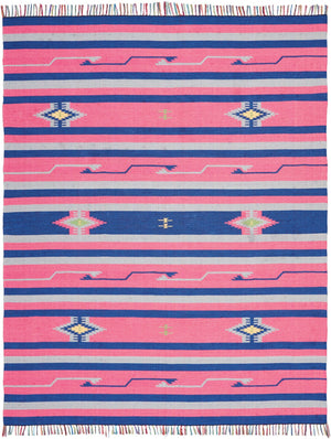 HomeRoots 8' Handmade Southwestern Area Rug in Pink and Blue with Fringed Edges for Stylish Home Decor 8' X 10' 552833