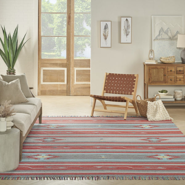 HomeRoots 8' Gray and Red Southwestern Handmade Area Rug - Cozy Texture, Geometric Design, Timeless Style 8' X 10' 552834