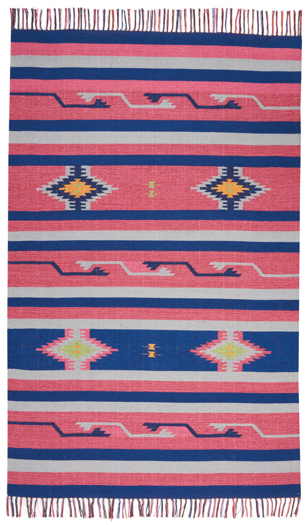 Homeroots 7' X 10' Pink And Blue Southwestern Handmade Area Rug With Fringe  Cotton Blend 552836