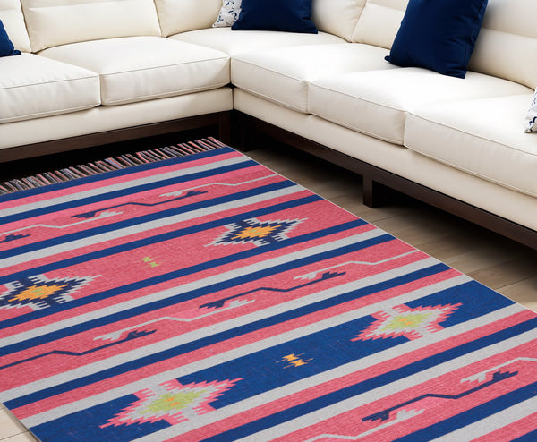 Homeroots 7' X 10' Pink And Blue Southwestern Handmade Area Rug With Fringe  Cotton Blend 552836