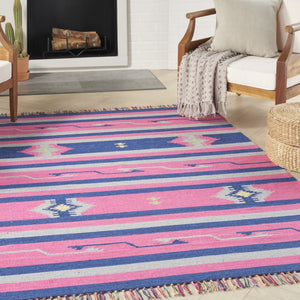 HomeRoots 7' Handmade Southwestern Area Rug in Soft Pink and Blue Tones with Fringed Edges for Any Space 7' X 10' 552836